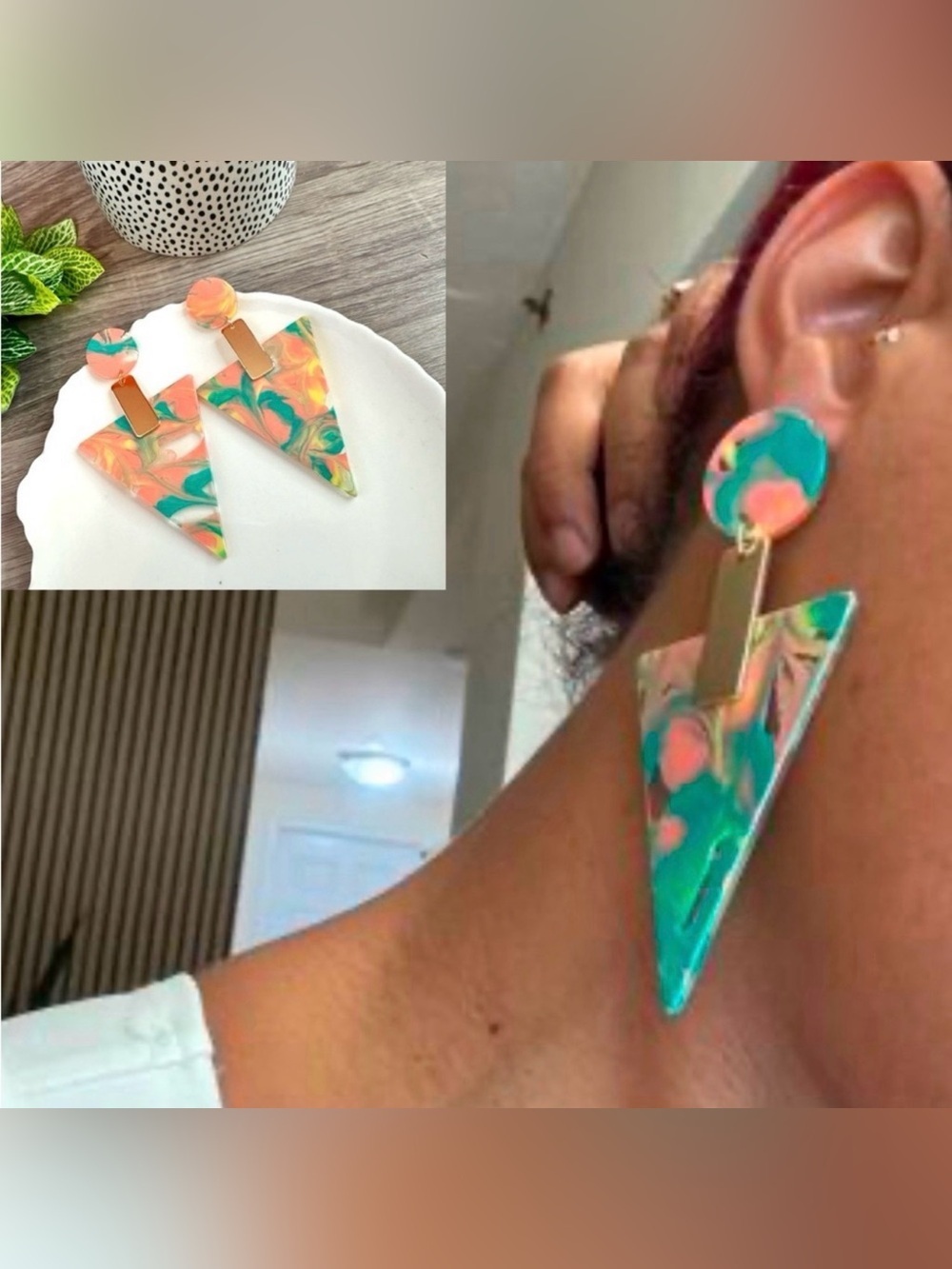 2/$30🌵 Bright Acrylic Triangle Gold Earrings Multicolor Swirl Large Boho NEW